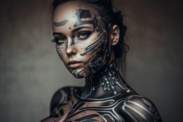 Young android head robot nice woman with part of skin and metal on a face, close up, creative ai