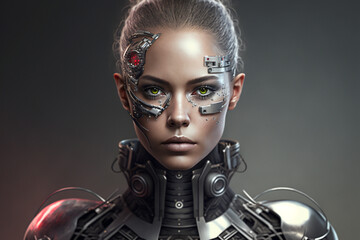 Young android head robot nice woman with part of skin and metal on a face, close up, creative ai - obrazy, fototapety, plakaty