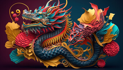 illustration chinese holiday new year symbol of 2024 .colorful dragon .Generative AI © Sheviakova
