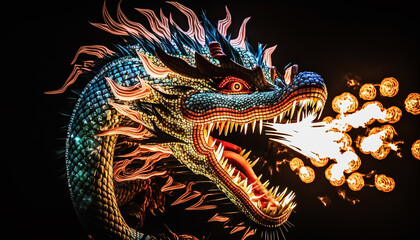 illustration chinese holiday new year symbol of 2024 .golden dragon with fire and fireworks on show .Generative AI