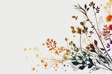 Abstract floral design with autumn colored leaves and splatter effect on a white background