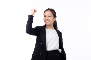 Portrait beautiful businesswoman in suit standing with glad and success isolated on white background, young asian business woman is manager or executive smile with confident and excited for victory.
