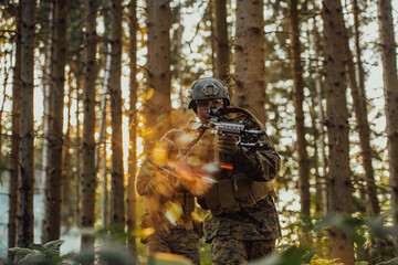 A modern warfare soldier on war duty in dense and dangerous forest areas. Dangerous military rescue...