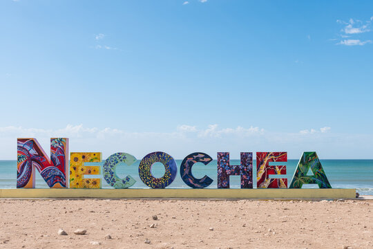 NECOCHEA, ARGENTINA - Jan, 7: Colorful Necochea Letters on beach in Necochea.