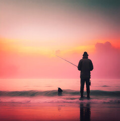 A stunning photograph capturing the artistry and tranquility of fishing at sunrise, ai