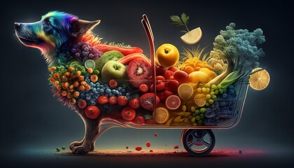 Fototapeta premium Colorful Fruits and a Playful Puppy in a Shopping Cart