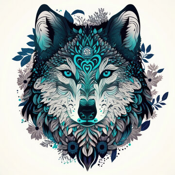 Detailed wolf mandala art on a white background. Created with Generative AI technology.