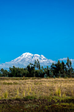 chimborazo visto desde carretera con cielo nublado y arboles 