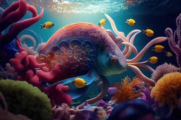 Underwater world with corals and fish. Generative AI
