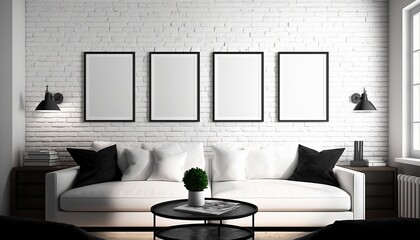 White frames for custom designs. square frames. Rectangular frames. Frames in minimalist spaces. Unpainted frames on brick walls and unpainted pictures on pastel walls. Generated by AI.