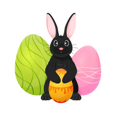 Easter black bunny big painted egg cartoon character. Fluffy hare bunny hold paw holiday gift many colorful painted eggs spring religious event happy cute animal book sticker greeting card isolated