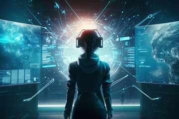 Person using VR headset. Future and new technology of VR helm. Generative AI.