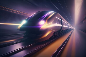 High-speed train rushing through a neon-lit tunnel. Futuristic mobility and innovation technology of the public transport in future. Generative AI.