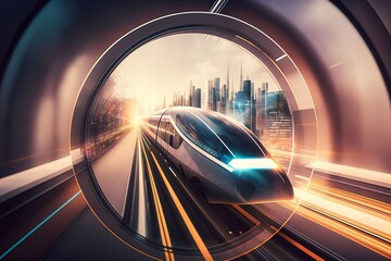High-speed train rushing through a glass-encased tunnel. Futuristic mobility and innovation technology of the public transport in future. Generative AI.