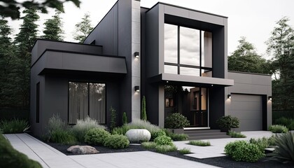 A contemporary house with sleek lines and minimalist design, featuring large windows that provide ample natural light. The exterior is painted in a cool grey with accents of white generative ai