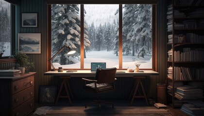 A cozy home office in a snowy forest, with a wooden desk, cozy chair, and a view of the snow-covered trees. HD, realistic, cool lighting. generative ai



