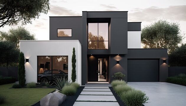 A contemporary house with sleek lines and minimalist design, featuring large windows that provide ample natural light. The exterior is painted in a cool grey with accents of white generative ai