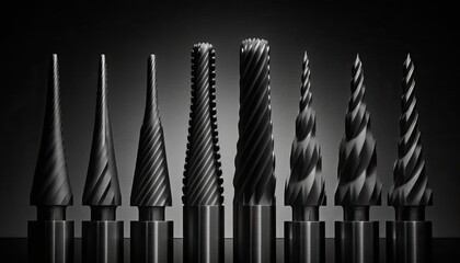 A set of industrial drill bits arranged in a neat row on a black background, with sharp and angular lighting creating a sense of precision and power. generative ai


