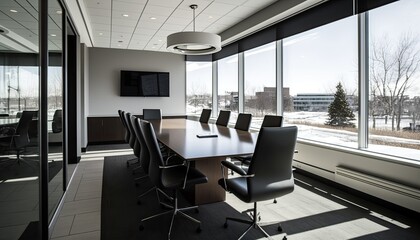 Fototapeta na wymiar An office building with a contemporary design, featuring floor-to-ceiling windows and a sleek glass exterior. The scene is set in a conference room, with a large wooden table and generative ai
