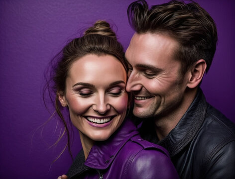 couple in love with violet tones on a violet background. gray hair, happy, celebrating international women's day, March 8. lilac, purple family