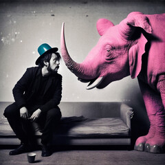 A drunk man facing a pink elephant - generative ai - obrazy, fototapety, plakaty