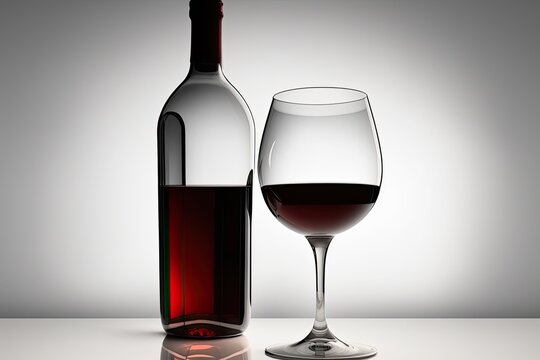 Image of a wine glass and bottle against a white background. Generative AI