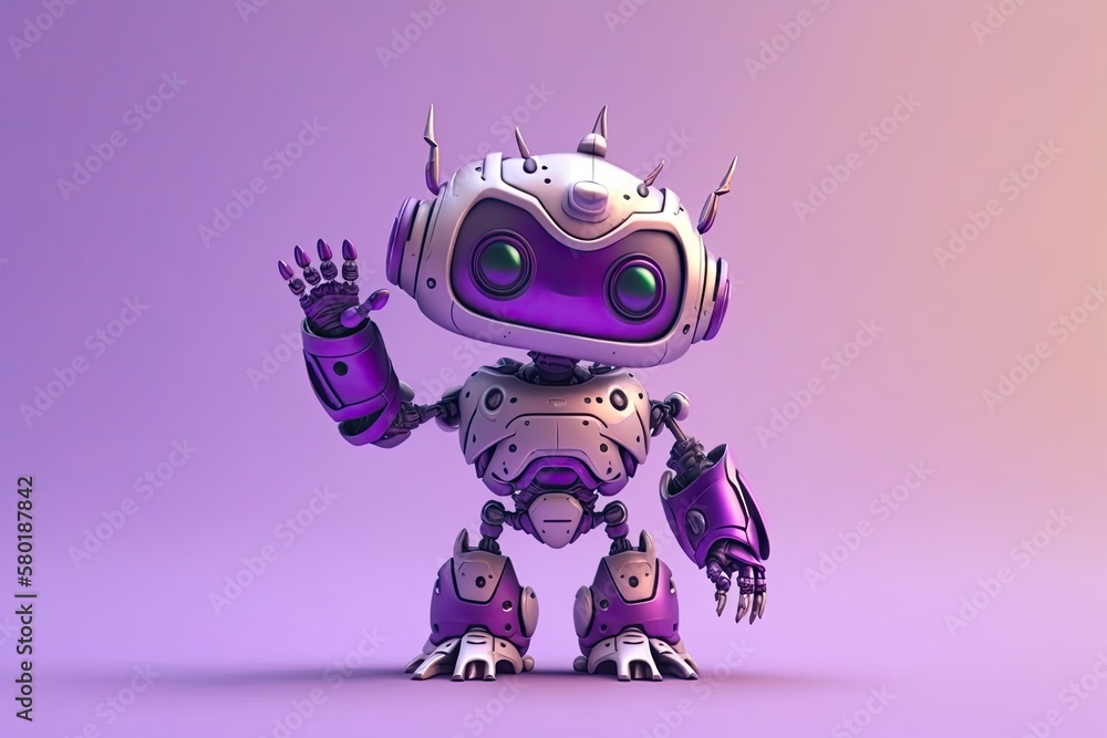 Poster hands up cute robot isolated on a purple backdrop. technological idea . generative ai
