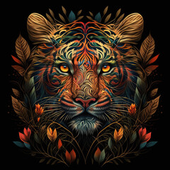 Colorful detailed tiger mandala  art on a black background. Created with Generative AI technology.