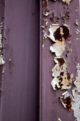Purple paint peeling from a light surface to reveal rust
