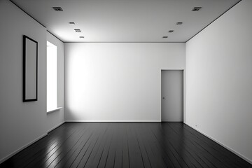 of a contemporary empty space with a hardwood floor and a big blank white wall. Generative AI