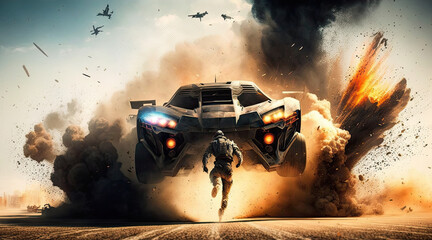 Person running while car exploding