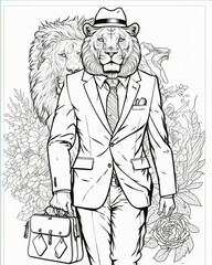 Animals in suits , coloring page , for kids , LION  , generative ai 