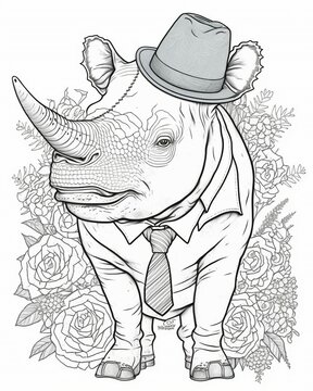 Animals in suits , coloring page , for kids , rhinoceros  , generative ai 