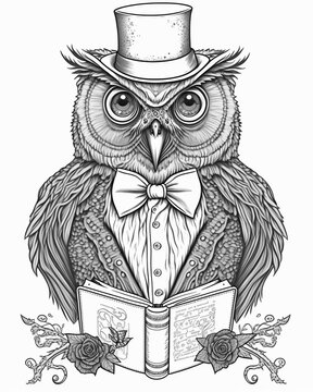 Animals in suits , coloring page , for kids , owl  , generative ai 