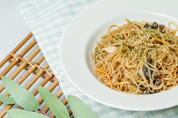 Japchae, Korean Style Stir-fried Glass Noodles and Vegetables