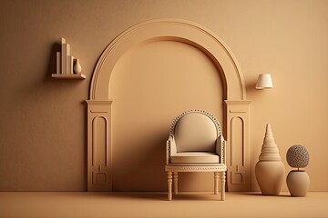 Warm toned cream colored wall mock up with a chair and minimal ornamentation. Generative AI