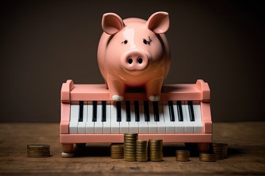 Savings and music represented by a piano and a piggie bank. Generative AI