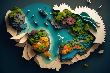 A paper cut out of a tropical island with a mountain in the background made with generative AI