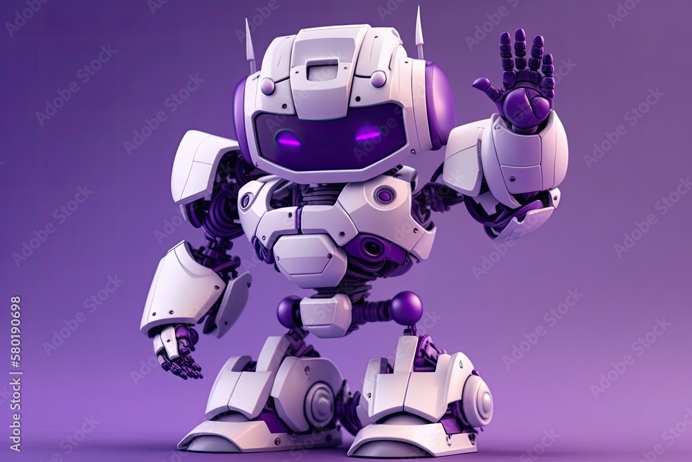 Poster hands up cute robot isolated on a purple backdrop. technological idea. generative ai