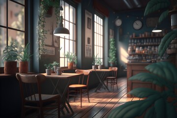 A coffee shop with a large window and a wooden table made with generative AI