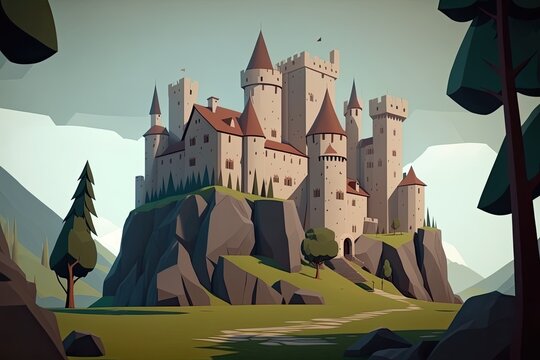 Animated flat cartoon of a huge historical castle from a fable. Generative AI