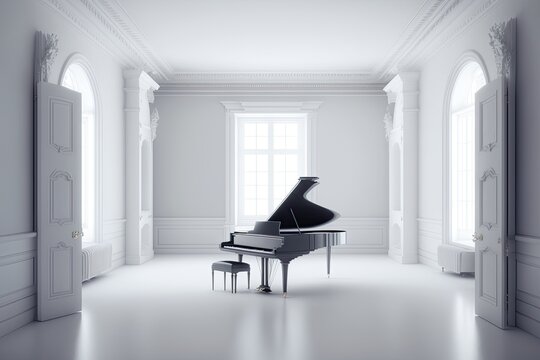 Empty white room with a white grand piano. Generative AI