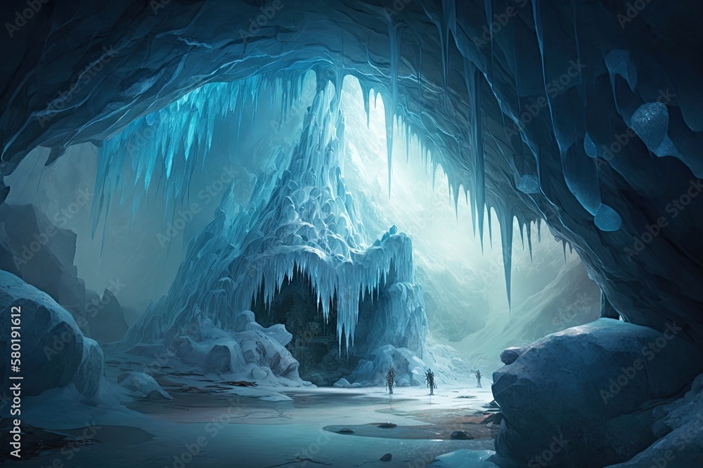 Poster a frozen cave system, with icicles hanging from the ceiling and blue glacial ice covering the ground., created with generative ai