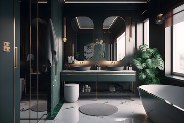 A modern bathroom with a large window made with generative AI
