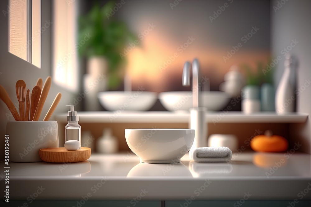 Poster tabletop goods showcase with hazy lavatory background generative ai