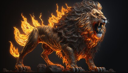 mighty fantasy lion with flames and glowing light. Created with Generative AI.