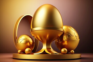 Fototapeta premium Golden ball with Easter eggs on a platform background. Generative AI