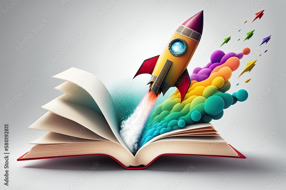 Poster ideas behind distance learning clipping path included, background of an open book, a cap, and a rock