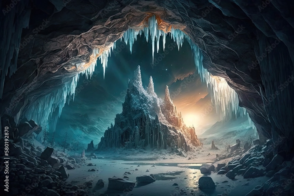 Poster a frozen cave with icicles hanging from the ceiling, creating a beautiful scene, created with generative ai