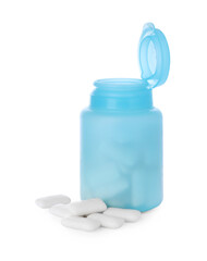 Light blue jar with chewing gums on white background